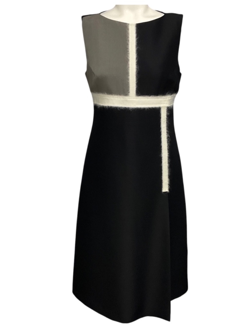 GIAMBATTISTA VALLI BLACK / GREY / IVORY GROSGRAIN RIBBON TRIMMED SLEEVELESS WOOL